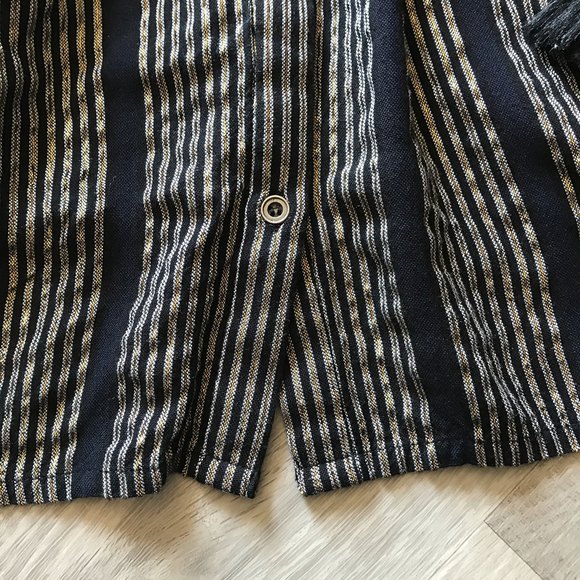 En Creme Blk/Metallic Gold Double V-Neck Flare 3/4 Sleeve Boho Flowy Blouse Lg - Picture 8 of 12